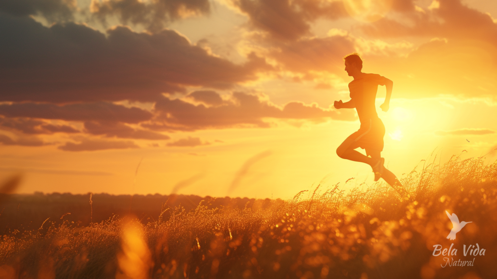 Uma silhueta de um corredor masculino contra o pôr do sol dourado em um campo aberto.