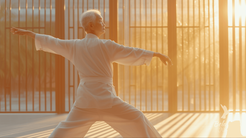 Um idoso praticando Tai Chi ao amanhecer, com raios de sol dourado passando por entre grades verticais.