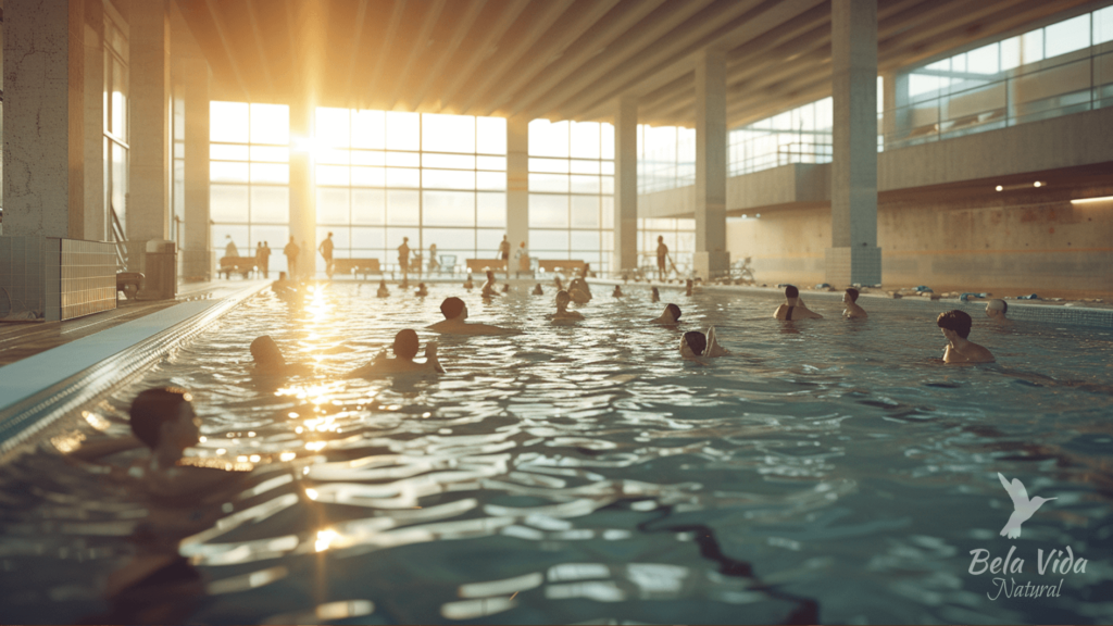 Pessoas participando de uma aula de hidroginástica em uma piscina interna iluminada pelo pôr do sol cintilante.