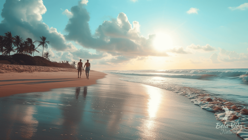 Duas pessoas caminham lado a lado na praia, com o sol se pondo e refletindo sobre a água.